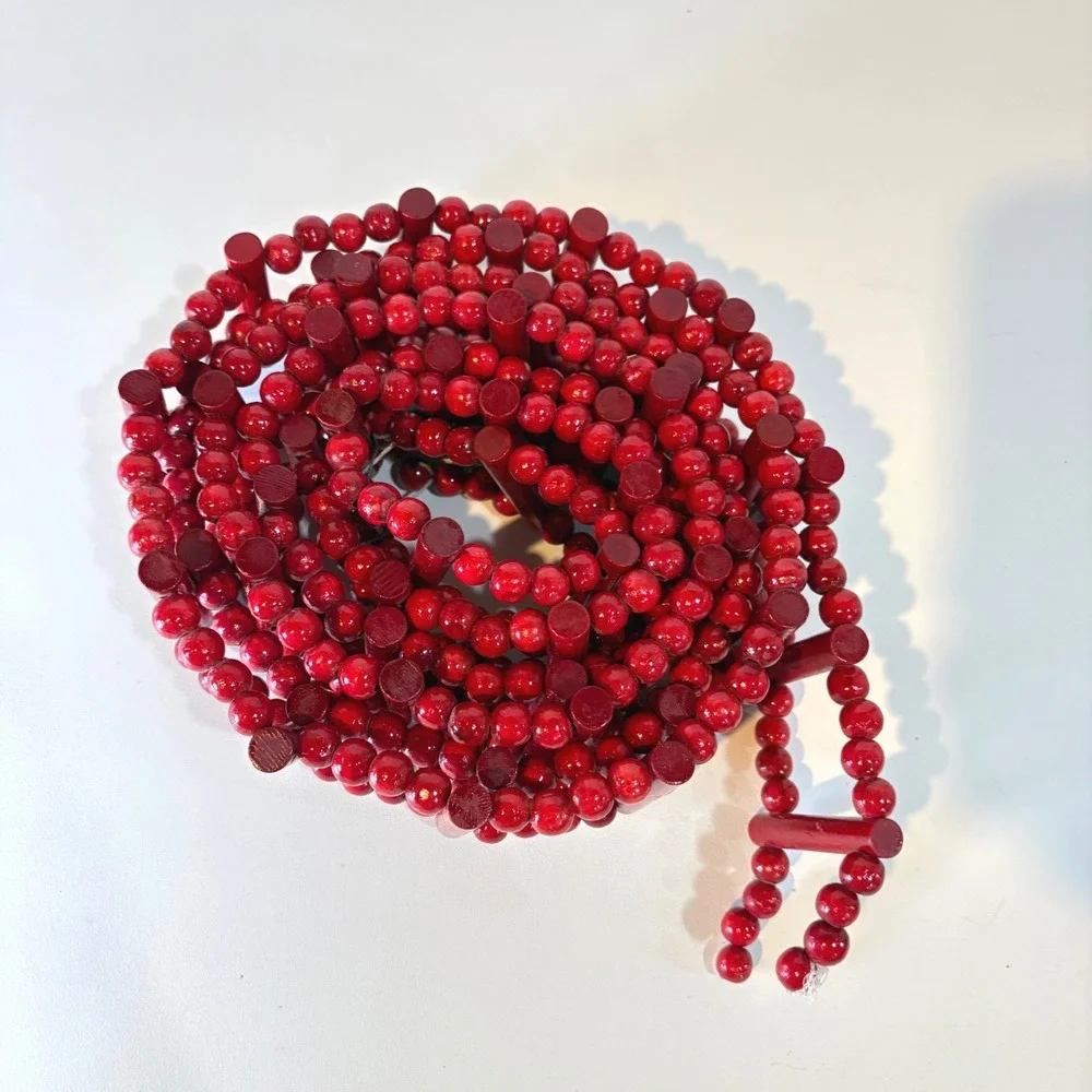 Vintage Red Wooden Bead and Dowel Christmas Garland 9 Feet Holiday Decor